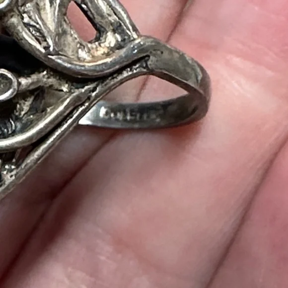 Black and White Snowflake Obsidian Statement Ring - Silver Tone - Picture 5 of 5